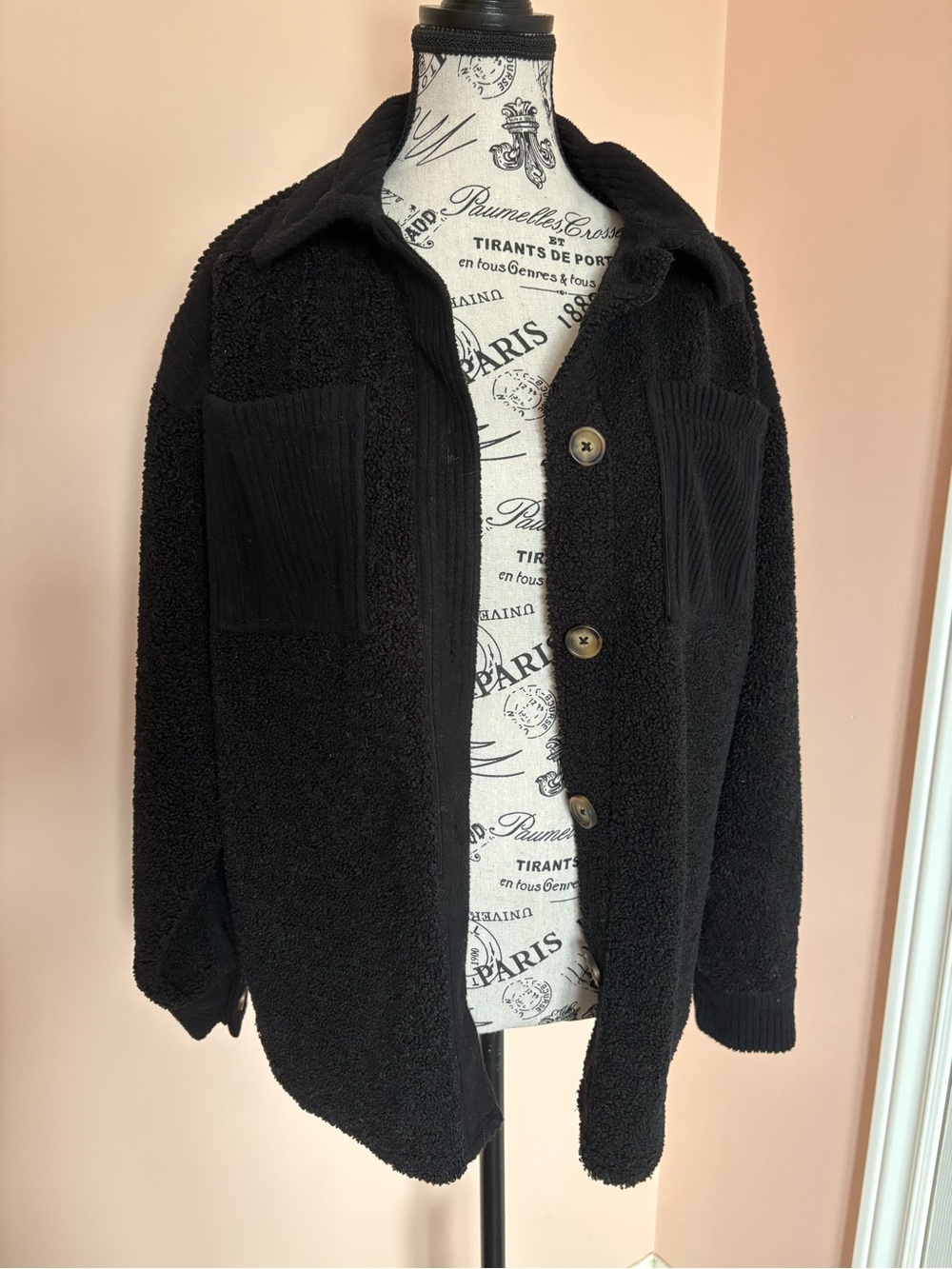 Bluenotes Black Sherpa Shirt Jacket with Corduroy Chest Pockets